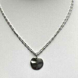 Signed Sterling Silver Hammered Disc Pendant Diamond w/New Italian Double Chain